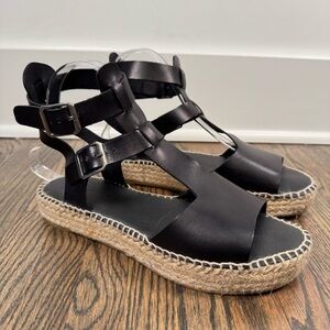 Anthropologie Clio Black Leather Flatform Espadrille Sandals size 39/9